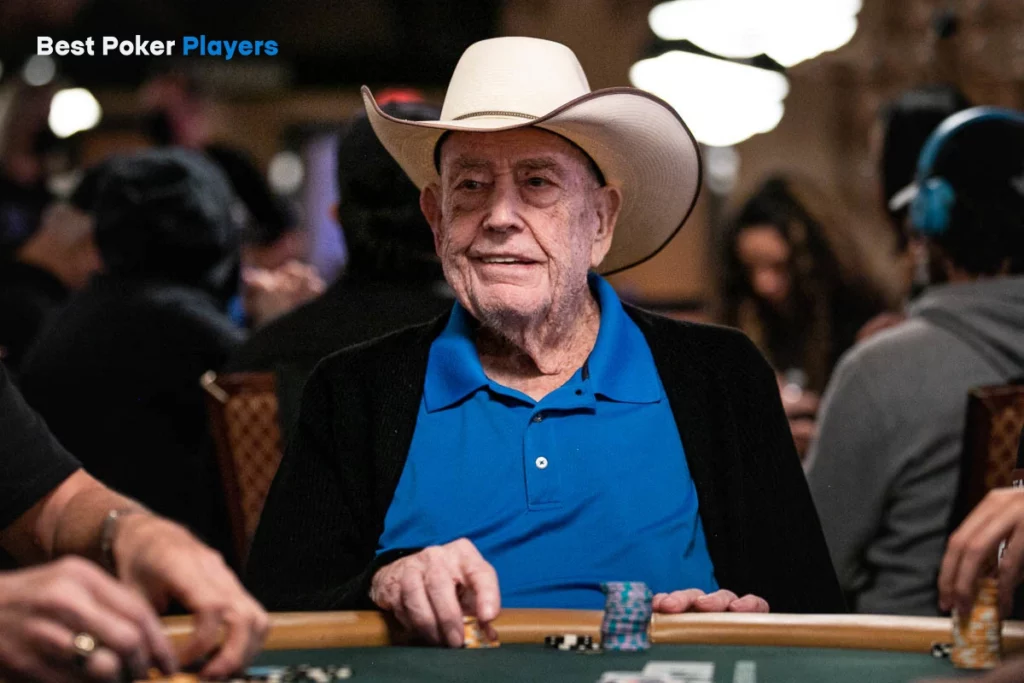 Doyle Brunson smiling at poker table in classic tournament moment wearing cowboy hat