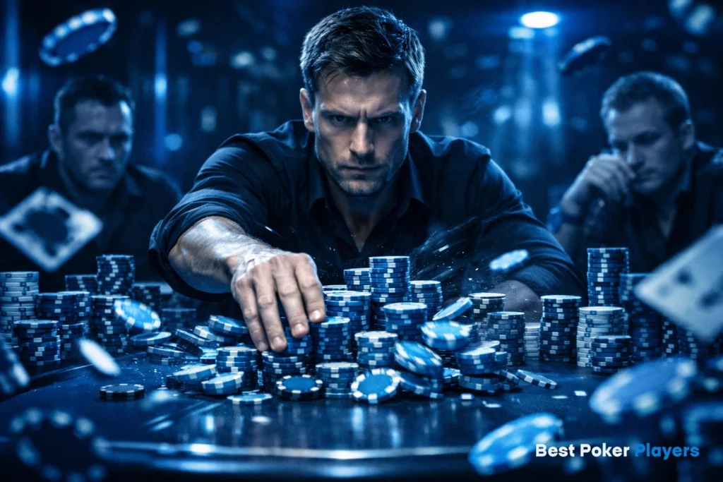 Poker player intensely stacking chips at table with dramatic lighting and motion effects