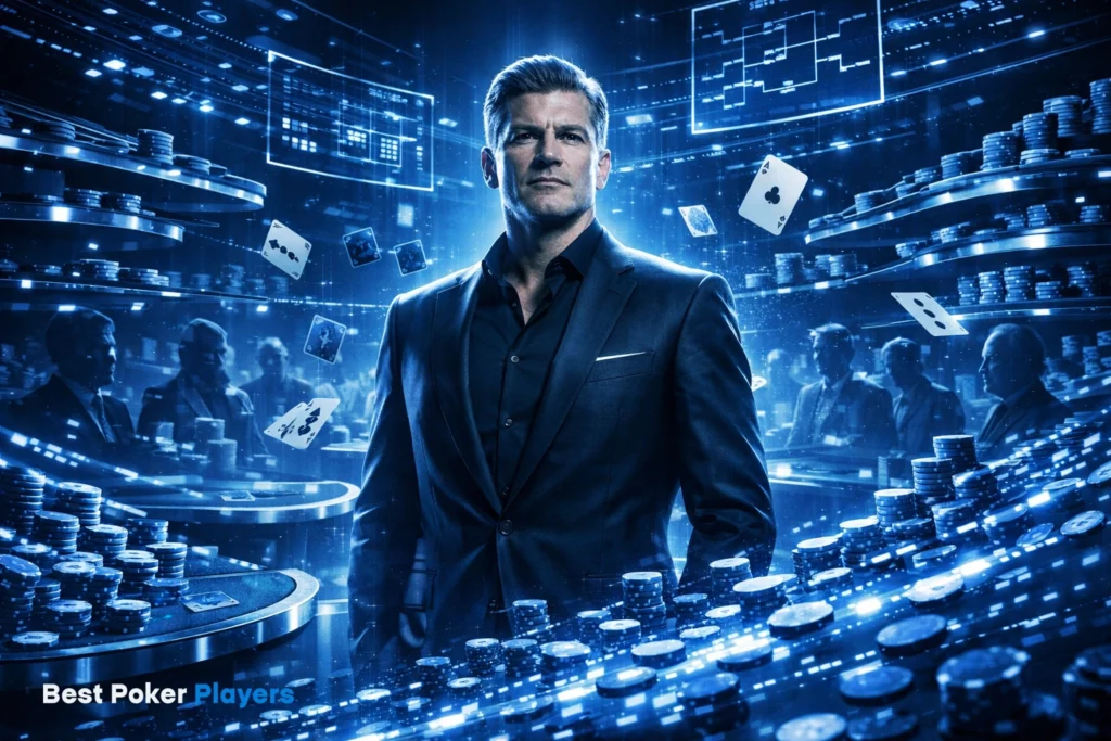 Professional poker player in suit surrounded by chips and digital data visualizations representing high stakes strategy